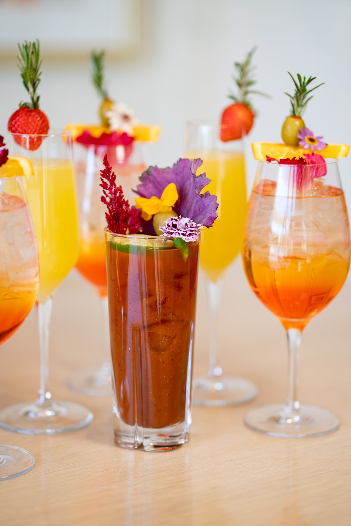 Colorful cocktail group photographed with shallow depth of field