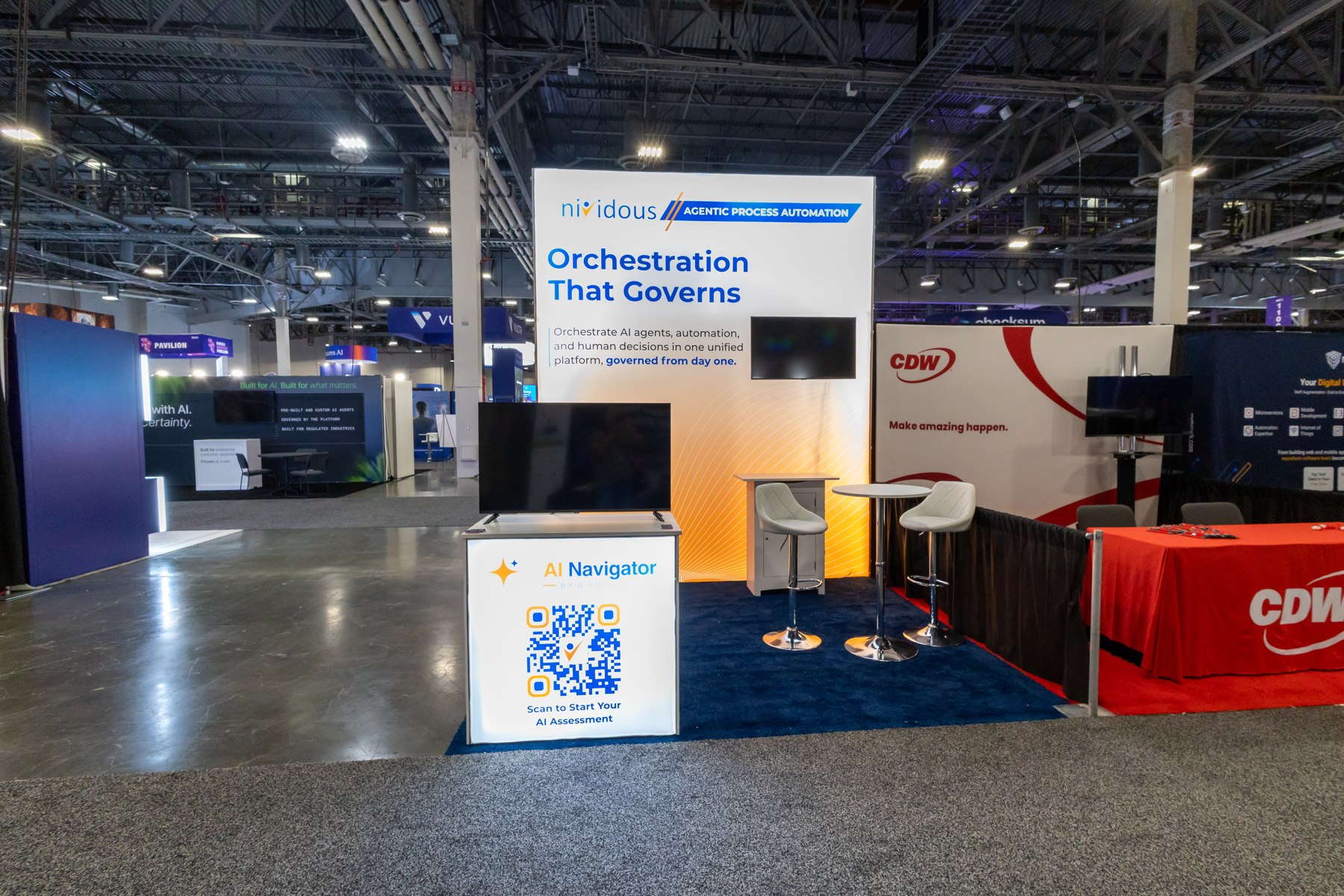 Exhibition stand with a large data-platform message and display counters
