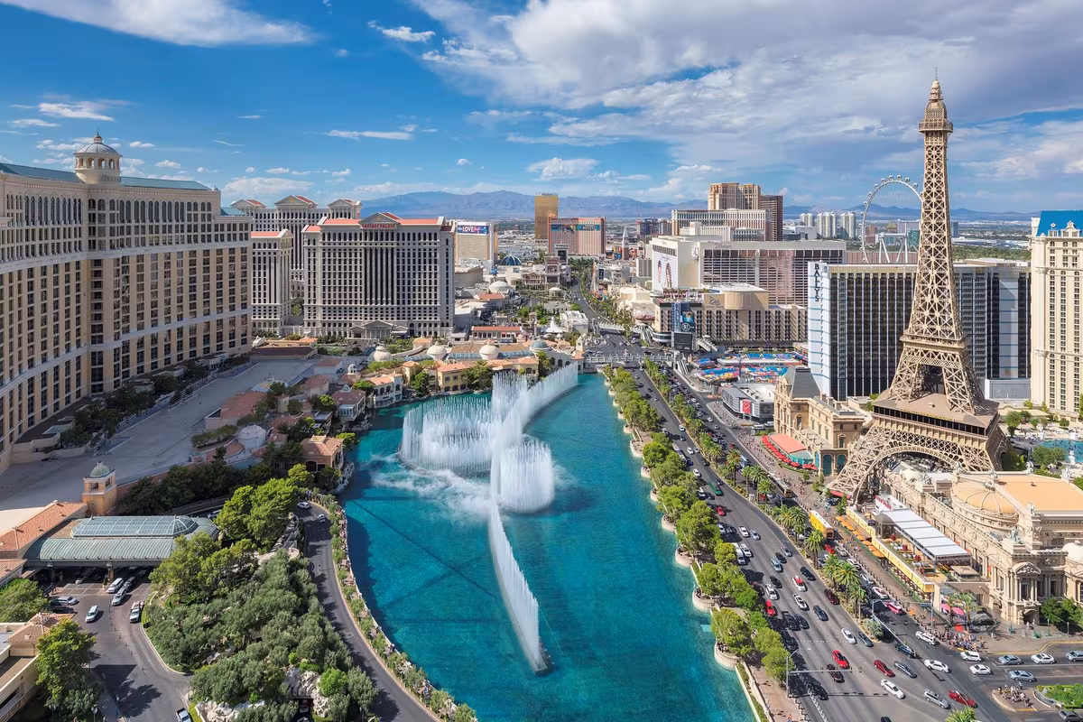 The Las Vegas Strip and Bellagio fountains in daylight